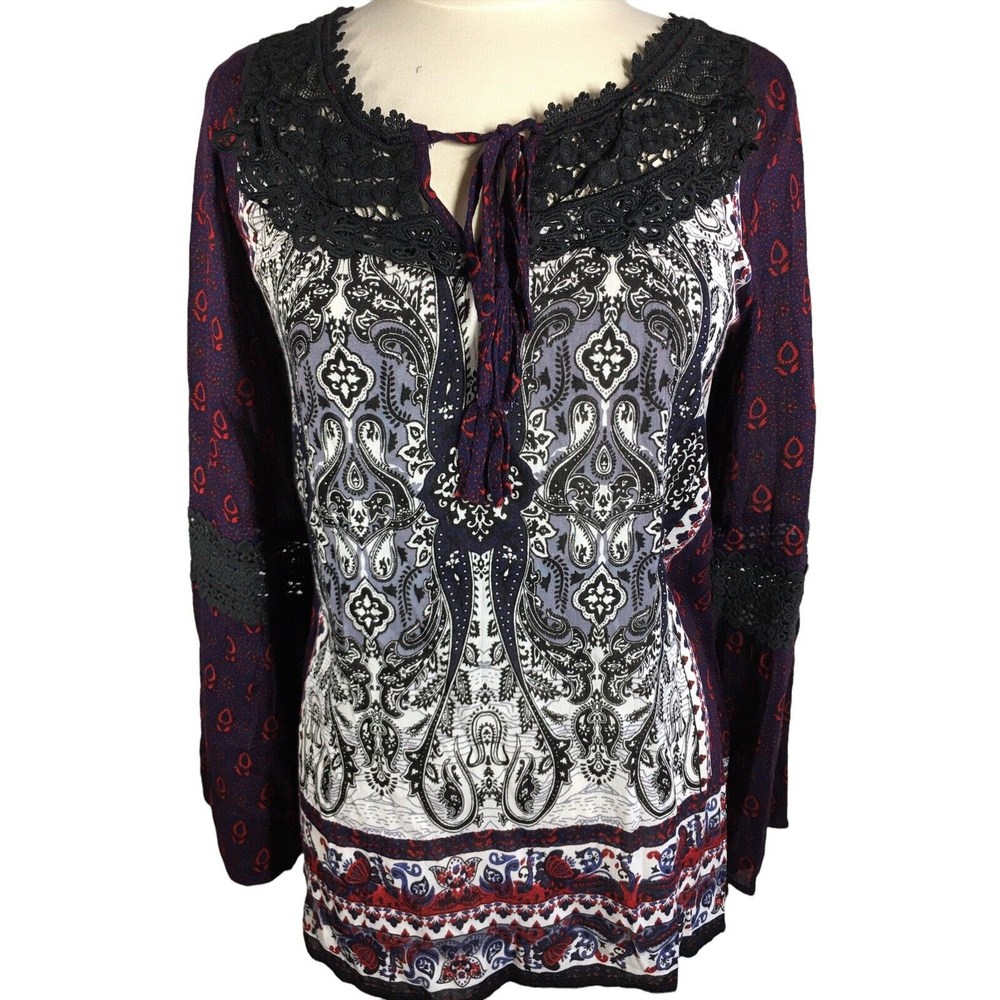 Sahiba Woman's Tunic Top Size M  Embroidered Bell Sleeve BOHO Peasant Crochet